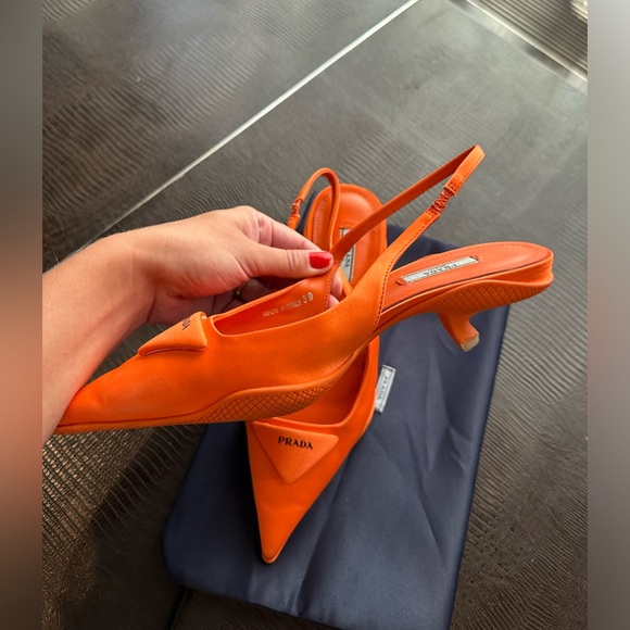 Prada Orange Logo-detailed Nylon Slingback Pumps Size US 8.5 EUR 39 Pre-Owned - Picture 13 of 16